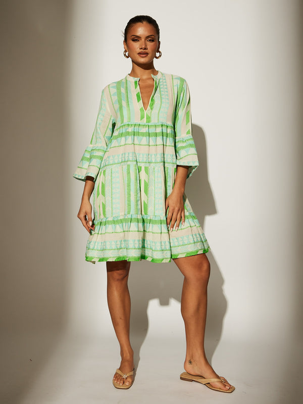 south beach Green Jacquard 3/4 Sleeve Tiered Dress