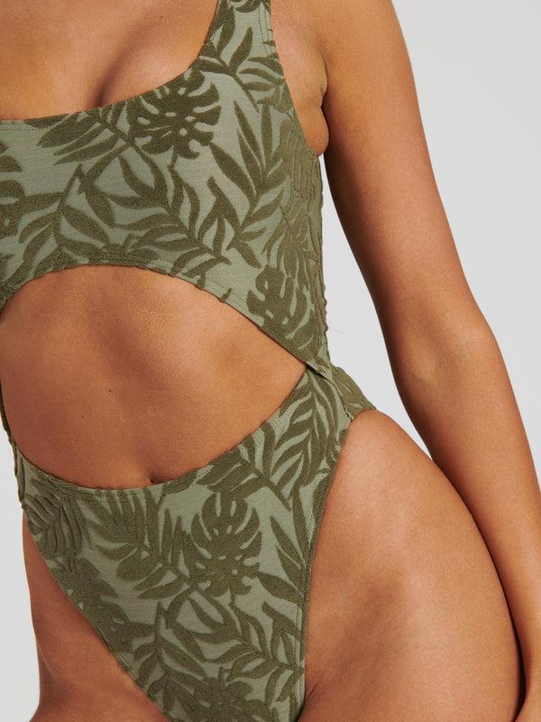 South Beach Haze Cutout Swimsuit In Khaki Palm