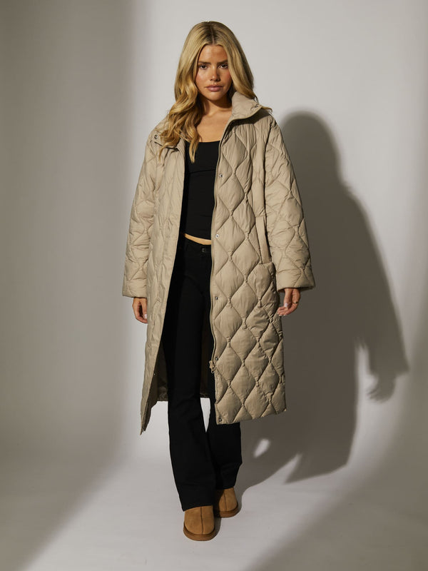 South Beach Highland Quilted Coat In Taupe
