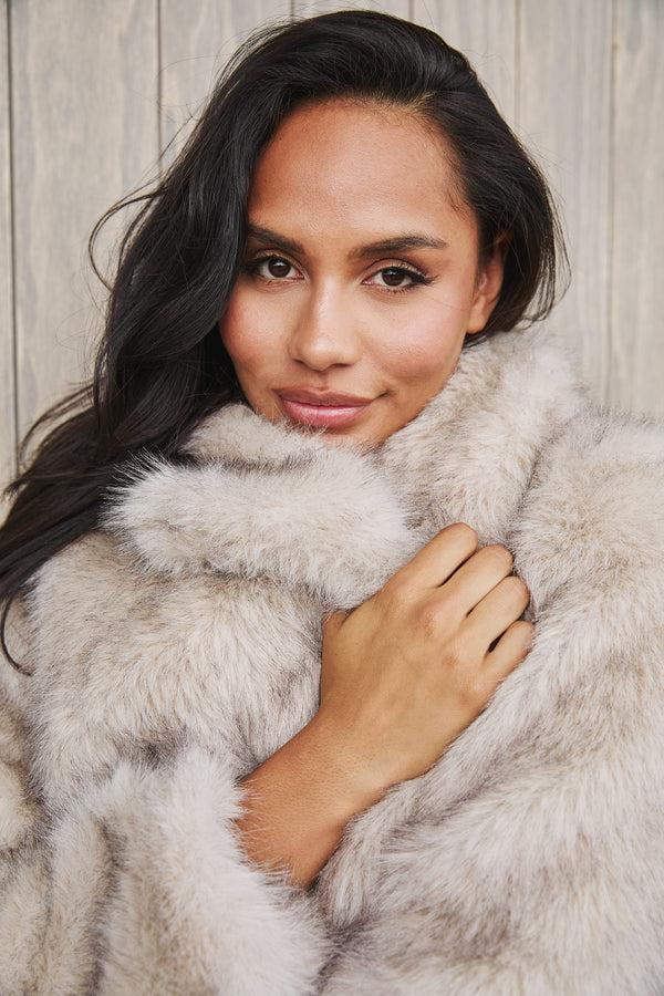 South Beach Sable Faux Fur Coat In Beige