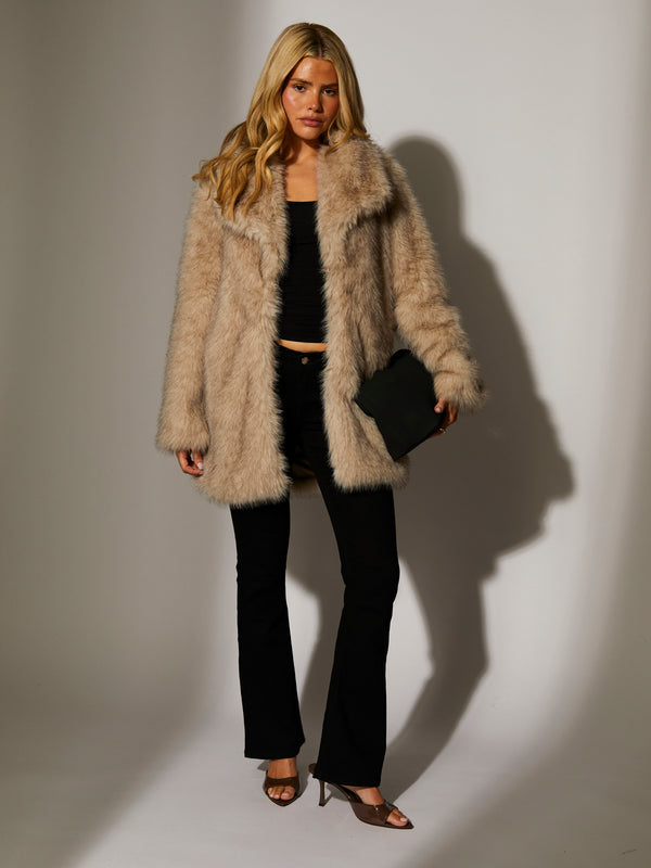 South Beach Sable Faux Fur Coat In Beige