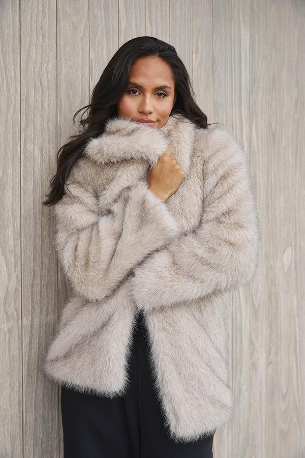 south beach Sable Faux Fur Coat in Beige
