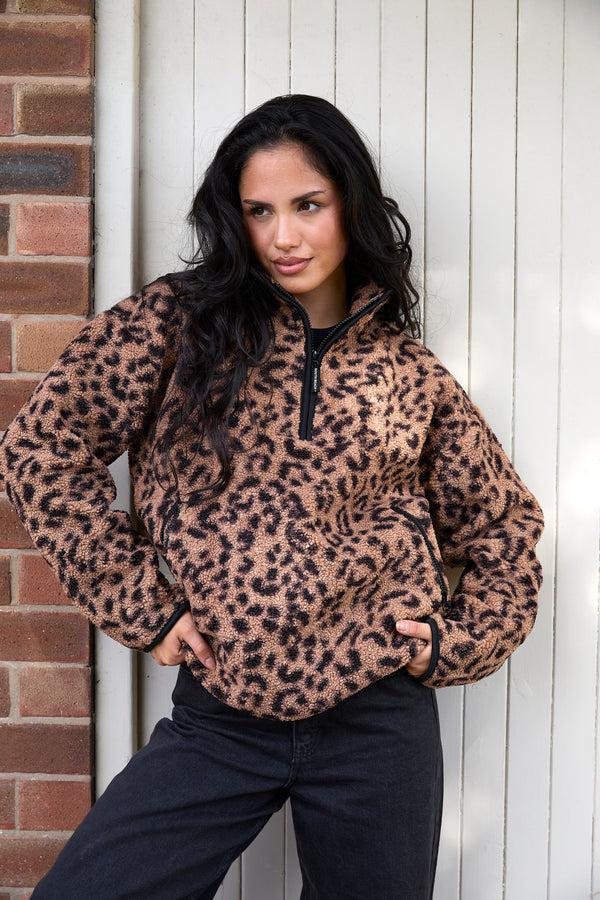 South Beach Teddy 1/4 Zip In Brown Leopard