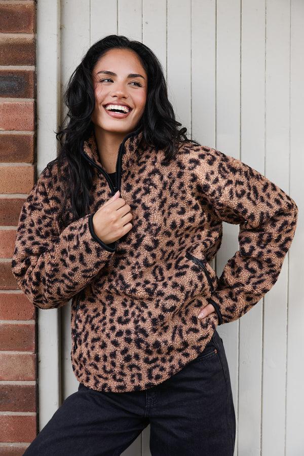 south beach Teddy 1/4 Zip in Brown Leopard