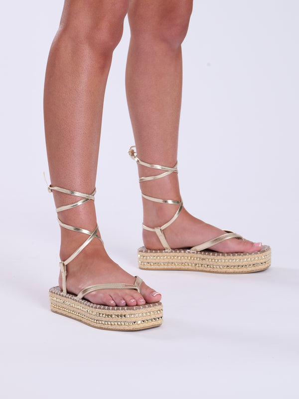 South Beach Studded Gold Flatform Espadrille Sandals