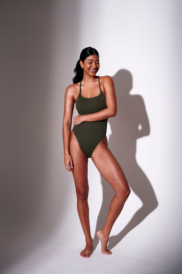 South Beach Talia Crinkle Backless Swimsuit In Khaki