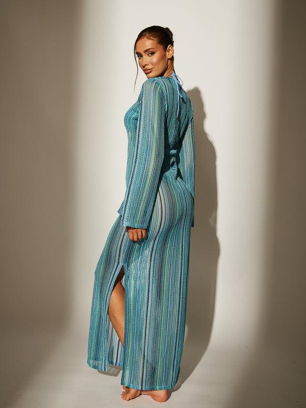South Beach Trophy Crochet Silver Decal Maxi Dress In Blue Crochet