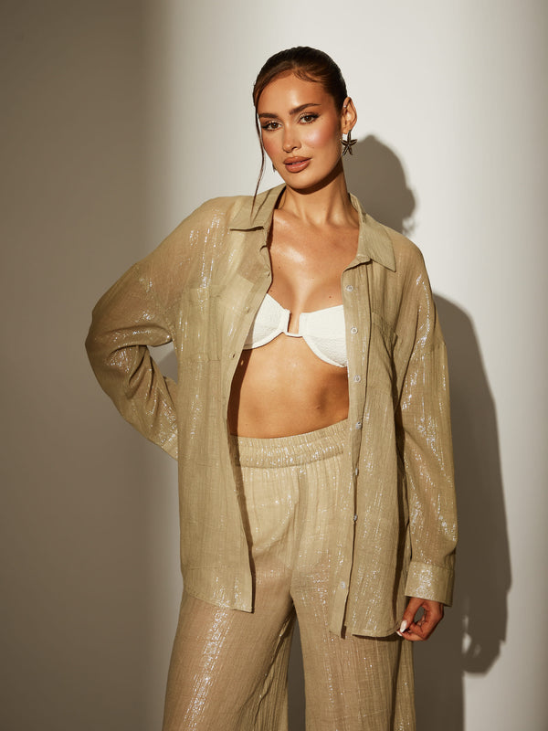 south beach Voyager Khaki Metallic Long Sleeve Sheer Beach Shirt