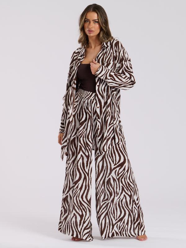 South Beach Voyager Over Sized Beach Shirt In Chocolate Zebra