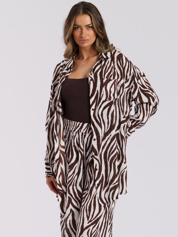 South Beach Voyager Over Sized Beach Shirt In Chocolate Zebra