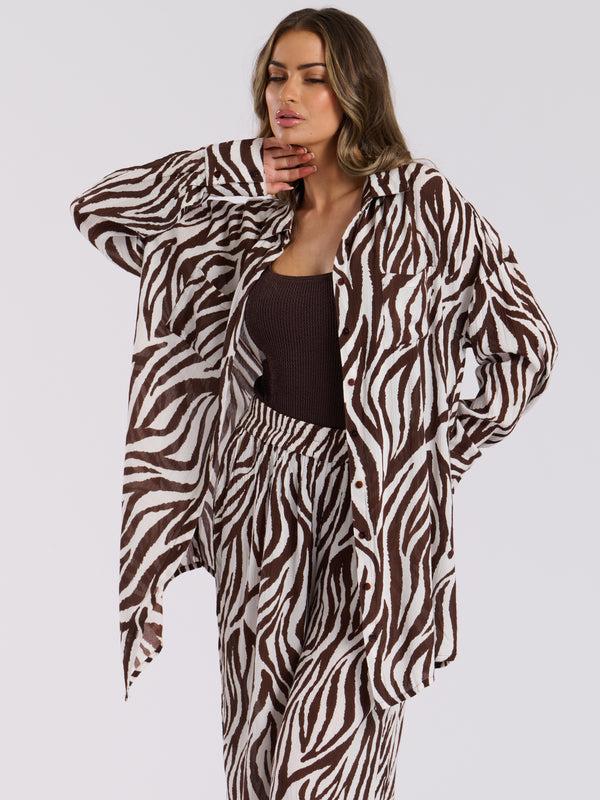 south beach Voyager Over Sized Beach Shirt in Chocolate Zebra