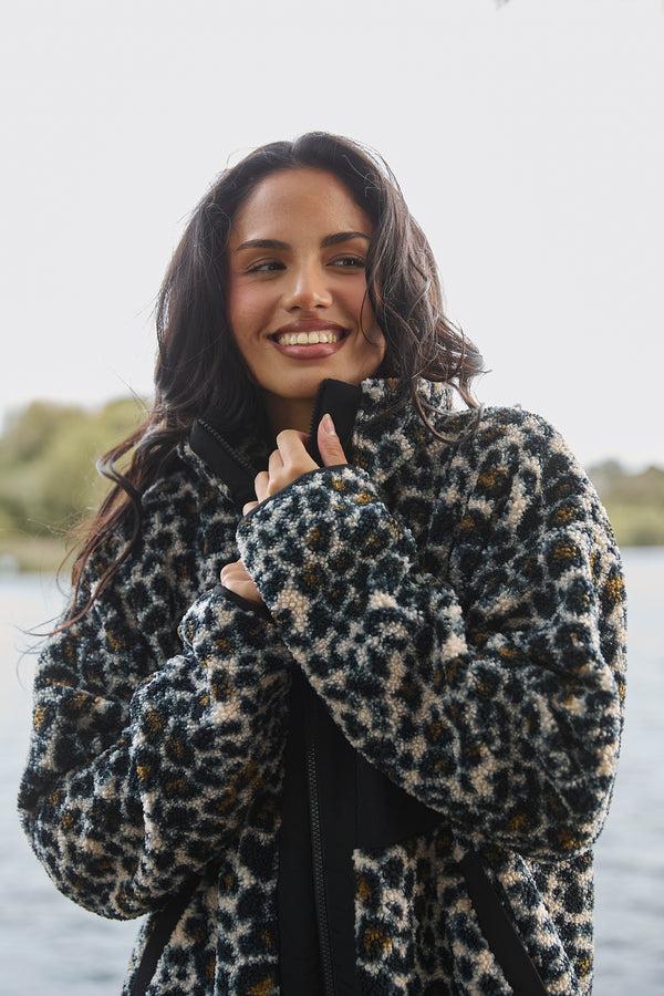 South Beach Zip It Borg Oversized Jacket In Leopard