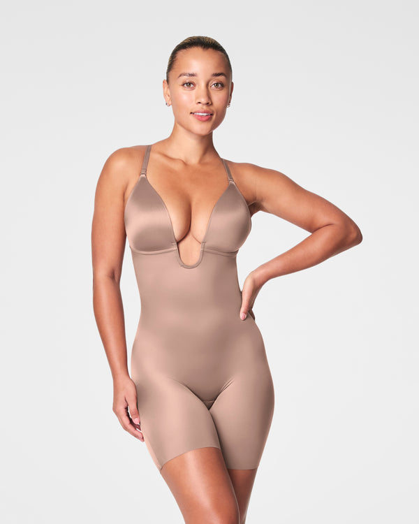 spanx Plunge Low-Back Mid-Thigh Bodysuit Cafe Au Lait