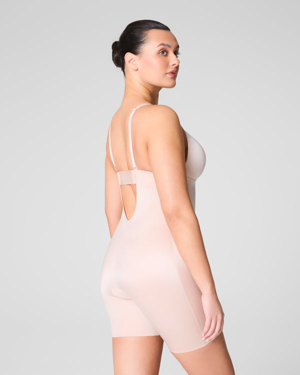 Spanx Plunge Low-Back Mid-Thigh Bodysuit Champagne Beige