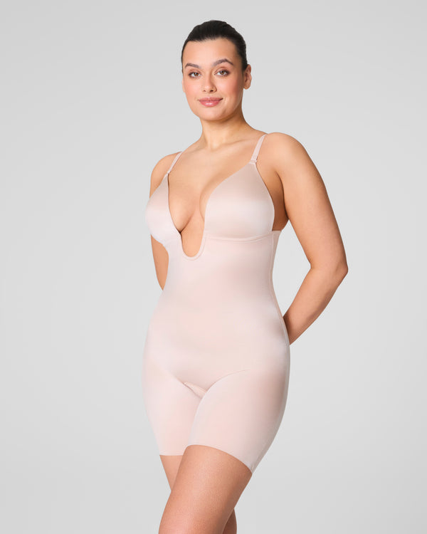 spanx Plunge Low-Back Mid-Thigh Bodysuit Champagne Beige