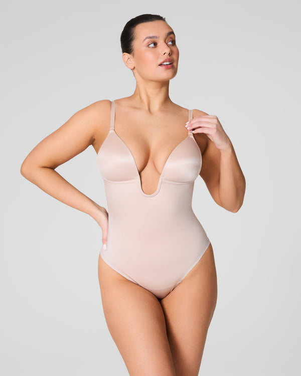 spanx Plunge Low-Back Thong Bodysuit Champagne Beige