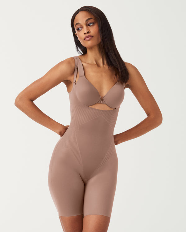 Spanx Open-Bust Mid-Thigh Bodysuit Cafe Au Lait