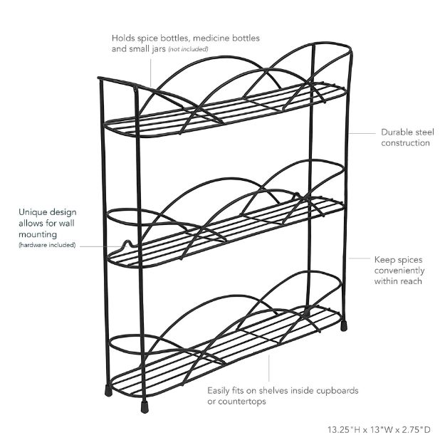 Spectrum Diversified Countertop & Wall Mount 3-Tier Spice Rack - Black
