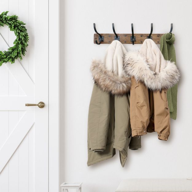 Spectrum Diversified Richmond Wall Mount 5-Hook Wood Rack - Coffee With Industrial Gray Hooks