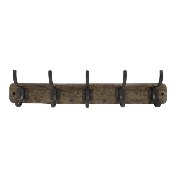 spectrum diversified Richmond Wall Mount 5-Hook Wood Rack - Coffee with Industrial Gray Hooks