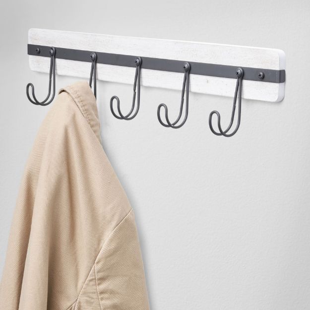 Spectrum Diversified Rowan Wall Mount 5-Hook Wood Rack - Whitewashed With Industrial Gray Hooks