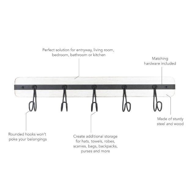 Spectrum Diversified Rowan Wall Mount 5-Hook Wood Rack - Whitewashed With Industrial Gray Hooks