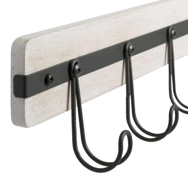 Spectrum Diversified Rowan Wall Mount 5-Hook Wood Rack - Whitewashed With Industrial Gray Hooks