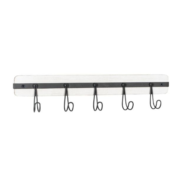 spectrum diversified Rowan Wall Mount 5-Hook Wood Rack - Whitewashed with Industrial Gray Hooks