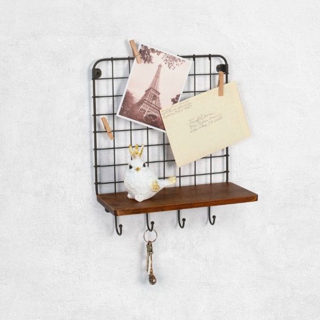 Spectrum Diversified Vintage Living Wall Mount 4-Hook Shelf & Message Center - Industrial Gray