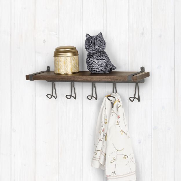 Spectrum Diversified Vintage Living Wall Mount 5-Hook Wood Shelf - Industrial Gray
