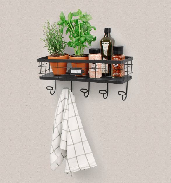 Spectrum Diversified Vintage Living Wall Mount Basket & Hook Station - Black