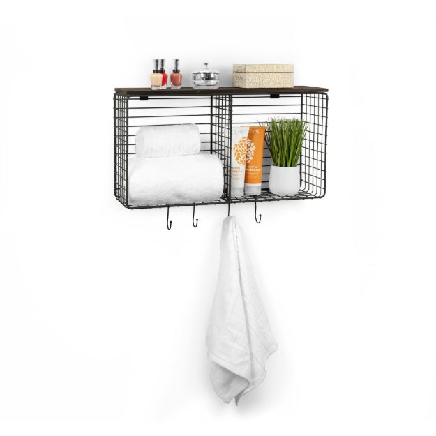 Spectrum Diversified Vintage Living Wall Mount Cube & Hook Station With Wood Shelf - Industrial Gray