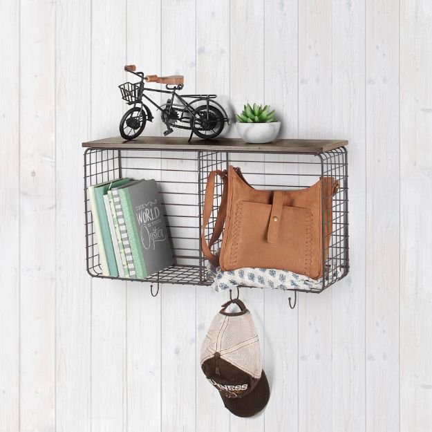 Spectrum Diversified Vintage Living Wall Mount Cube & Hook Station With Wood Shelf - Industrial Gray
