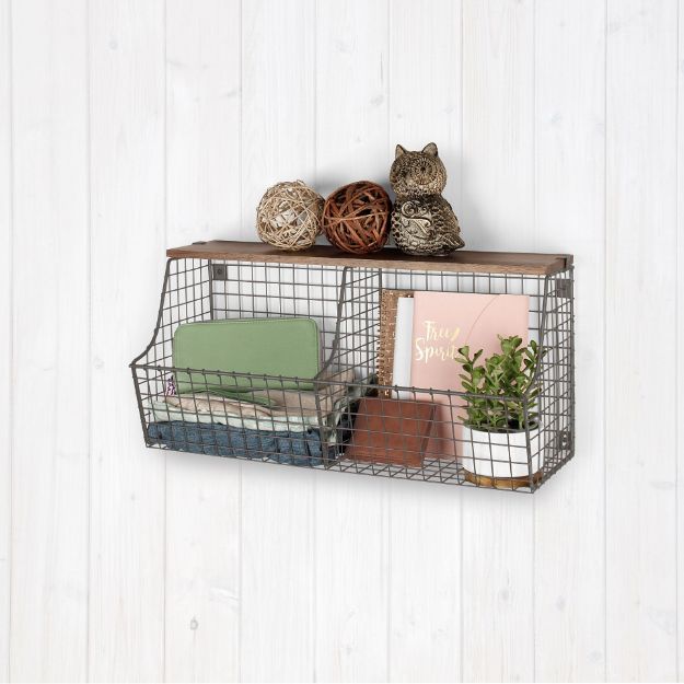 Spectrum Diversified Vintage Living Wall Mount Double Storage Bin With Wood Shelf - Industrial Gray