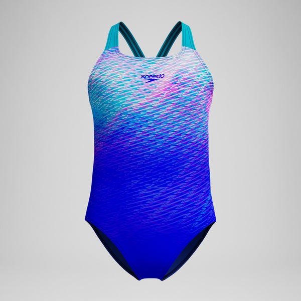 speedo Girls Printed Powerback One Piece Blue/Turquoise