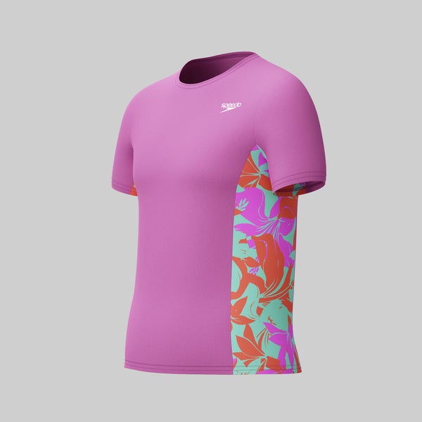 Speedo Girls Printed Short Sleeve Splice Rashguard Pink