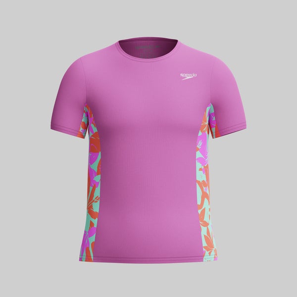speedo Girls Printed Short Sleeve Splice Rashguard Pink