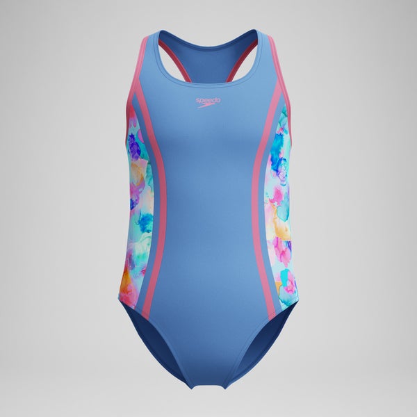 speedo Girls Printed Spliced Racerback One Piece Blue