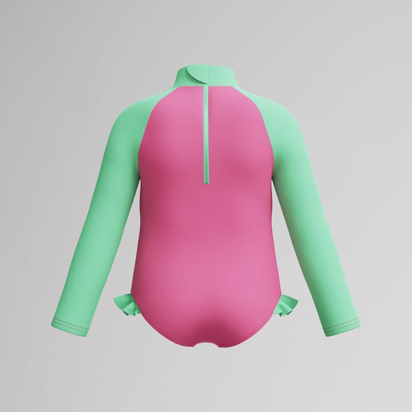 Speedo Infant Girls Learn To Swim Long Sleeve Frill One Piece Pink/Green