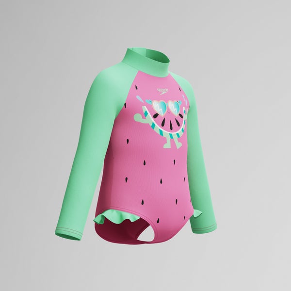 Speedo Infant Girls Learn To Swim Long Sleeve Frill One Piece Pink/Green