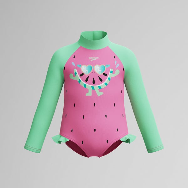 speedo Infant Girls Learn to Swim Long Sleeve Frill One Piece Pink/Green
