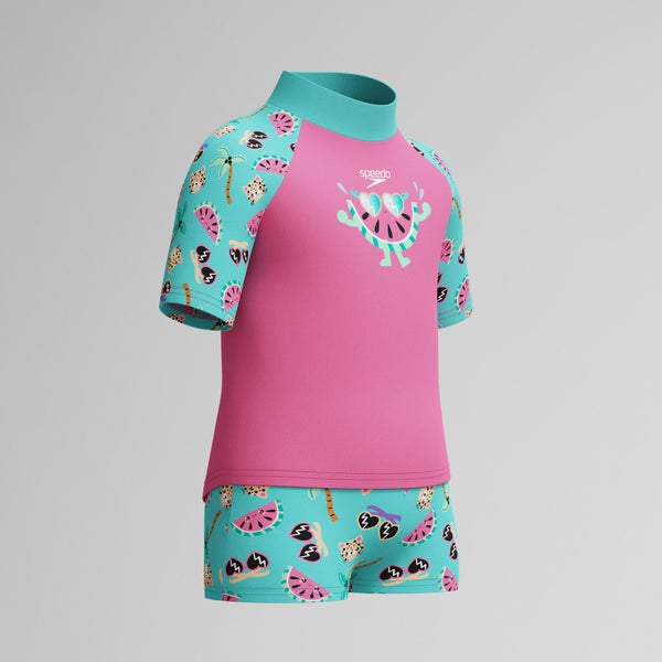 Speedo Infant Girls Learn To Swim Short Sleeve Rashguard Set Pink/Green