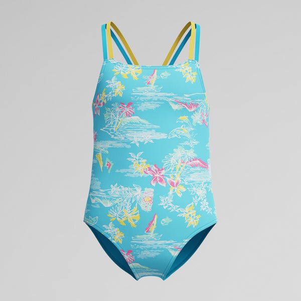 speedo Girls Print Strappy One Piece Blue/Yellow