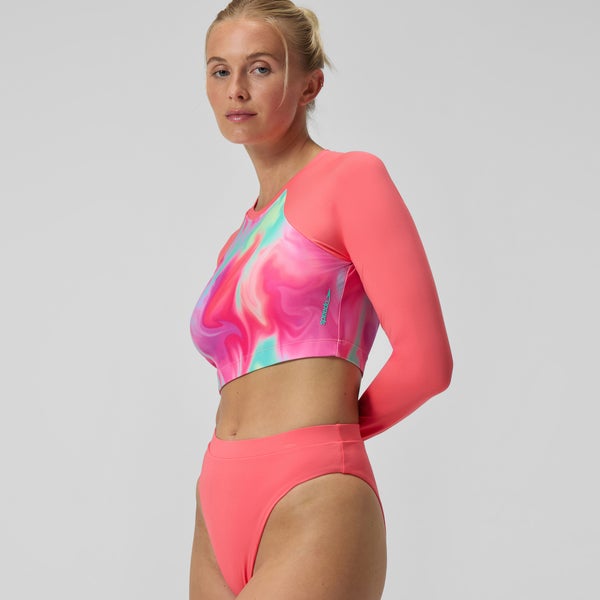 Speedo Women's Printed Long Sleeve Crop Top Coral