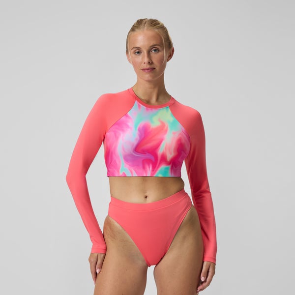 speedo Women's Printed Long Sleeve Crop Top Coral