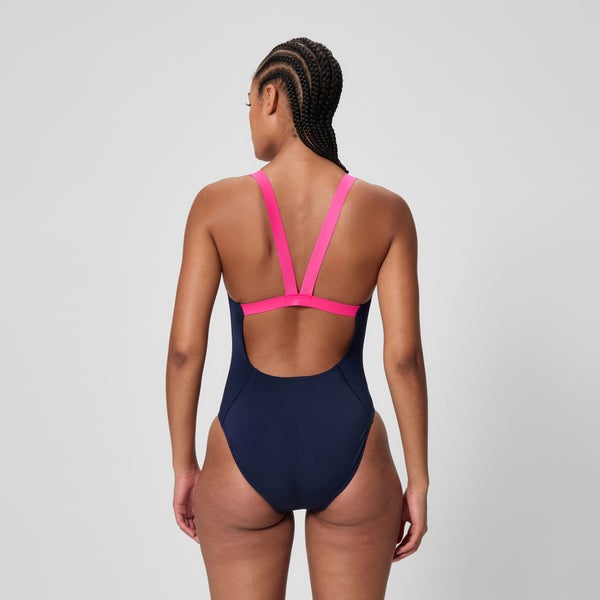 Speedo Women's Boom Solid Leaderback One Piece Navy/Pink