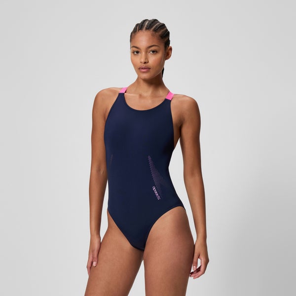 Speedo Women's Boom Solid Leaderback One Piece Navy/Pink