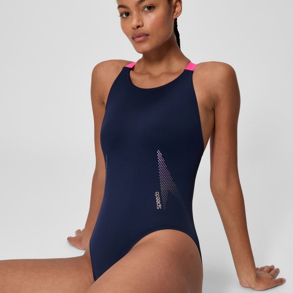 Speedo Women's Boom Solid Leaderback One Piece Navy/Pink
