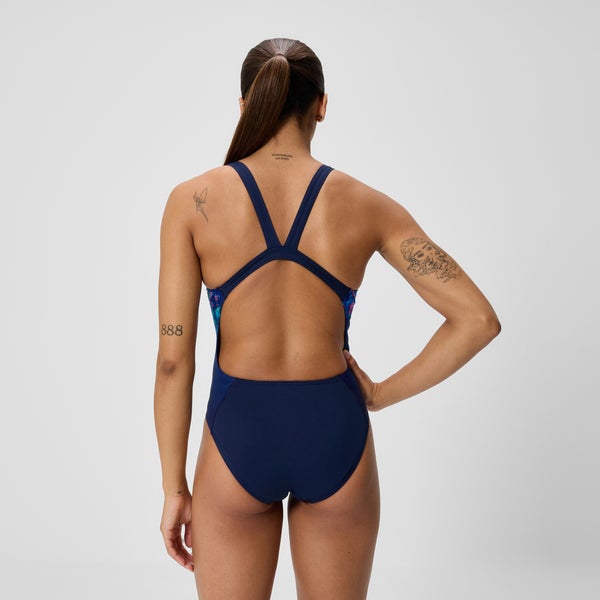 Speedo Women's Club Training Printed Leaderback One Piece Navy