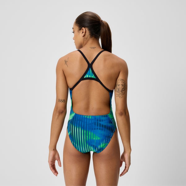Speedo Women's Club Training Printed Turnback One Piece Blue/Green